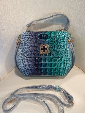 Luxury Teal Croc-Embossed Top Handle Bag